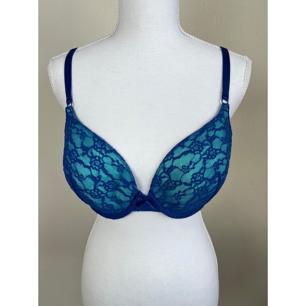 Victoria's Secret 36D Demi Bra Blue Lace Underwire Push Up Lingerie Psychedelic